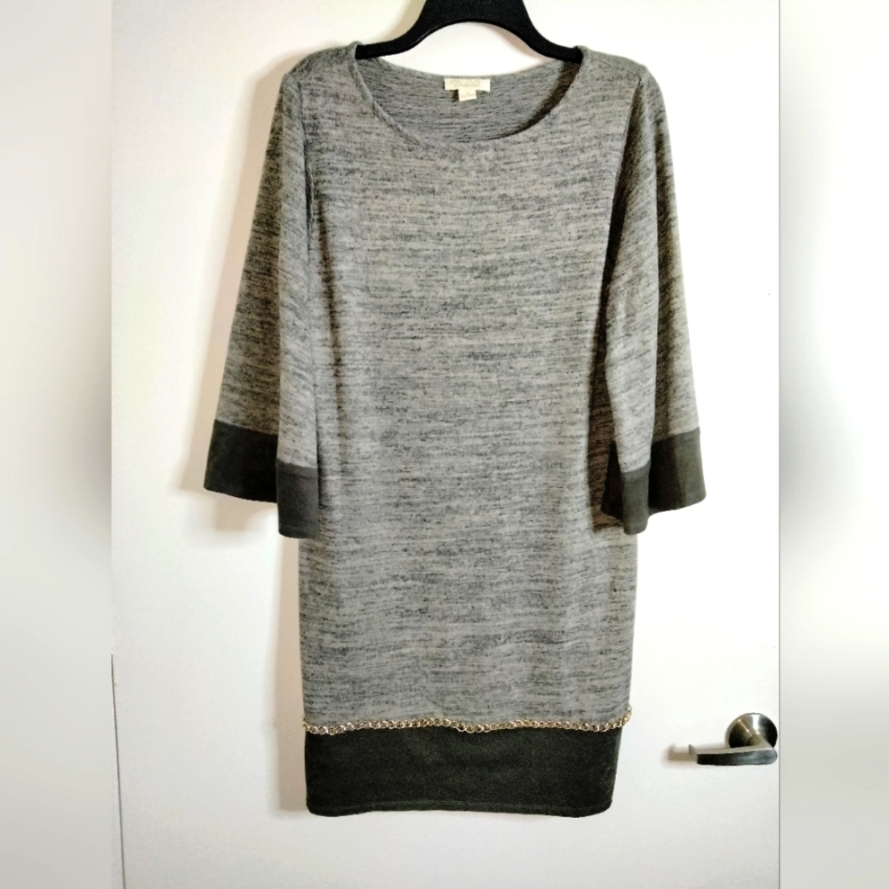 Prelude (Size M) Heather Grey Colorblock Gold Chain Trim Bell Sleeve Dress